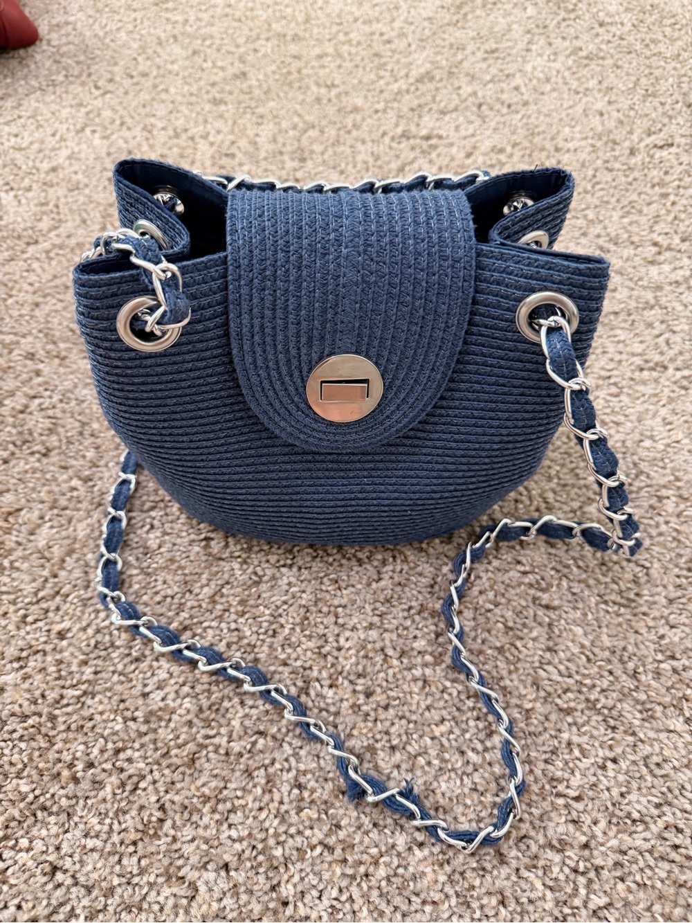 Kelly & Katie Navy Woven Crossbody with Silver Chain
